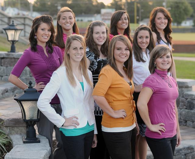 Campbellsville University’s Homecoming court candidates for 2009 include from left: Front Row -- Lindsey Skaggs, a sophomore from Cecilia, Ky., representing the Honors Program; Lauren Shrader, a senior from West Chester, 俄亥俄州, representing Fellowship of Christian Athletes (FCA); and Amy Etherington, a junior from Versailles, Ky., representing Sigma Zeta. Second Row -- Kelsey Best, a freshman from Harrodsburg, Ky., who will serve as freshman attendant; Emily Dunston, a senior from Williamsburg, Ky., representing Kentucky 教育 Association Student Program (KEA-SP); and Maggie Argenbright, a senior from Lebanon Junction, Ky., representing Baptist Campus Ministry (BCM). Back Row -- Jenna Bender, a junior from Campbellsville, Ky., representing Student Government Association (SGA); Maria Gomez, a senior from Madrid, 西班牙, representing United Cultures; and Lauren Toadvine, a senior from Hustonville, Ky., representing Social Workers in Touch Can Help (SWITCH). The queen will be crowned at half time of the Campbellsville University UVA-Wise football game that begins at 2 p.m. Saturday on HIG Field. (Campbellsville University Photo by Andre Tomaz)